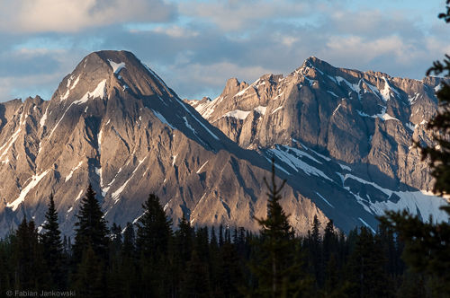 Mountain chain in the late evening sun in the Mt. Assiniboine valley.