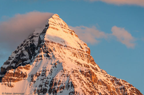 Mt. Assiniboine summit pyramid at sunset.