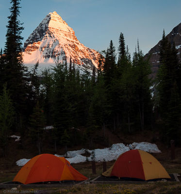 Tents at the campsite with a great view towards the summit.