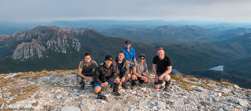 Our group on the summit of Frenchmans Cap. You can see the smoke from bushfires in the distance.