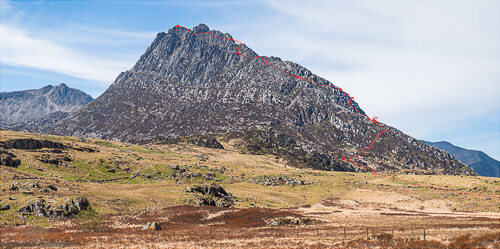 Our scrambling route across Tryfan's north ridge projected onto a photo of the mountain.